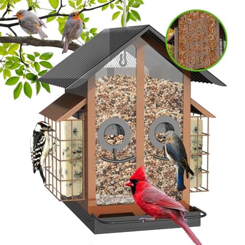 FlowaFoli Bird Feeders for Outdoors, Metal Bird Feeder with Double Suet Cage Weatherproof Metal Roof, 2 in 1 Mixed Seeds Suet Feeder, 4Lbs Large Capacity, Great for Finch、Cardinal、Chickadee（Brown）