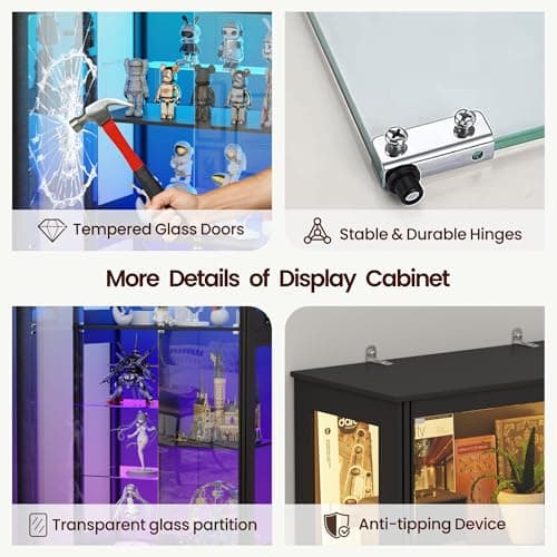 71” Glass Display Cabinet with RGB Light - Curio Cabinet with Glass Doors for Collectibles, 7-Tiers Tall Display Case with Human Sensor, Showcase with Removable Shelves for Figures, Lego (Black) 7