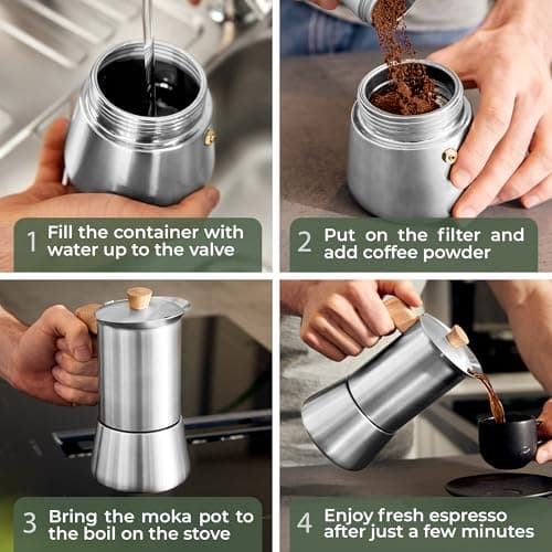 WALDWERK Stainless Steel Moka Pot (10oz) - Toxic Free Moka Pot with Oak Wood Handle - Stovetop Espresso Maker - Italian Coffee Maker for Stovetop and Induction 5