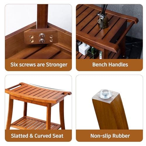 Forevich Bamboo Shower Bench Stool with Storage Shelf Waterproof Shower Chair Spa Bath Seat Excellent for Indoor Use Chestnut Brown 9