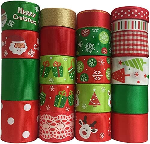 Duoqu Christmas Ribbon 20 Yards (20x1yd) 3/8" - 1.5" Printed Snowflake Christmas Trees Santa Clause Pattern