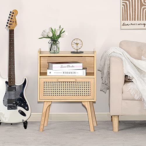 Lerliuo Rattan Nightstand, Boho Side Table with Drawer Open Shelf, Cane Accent Bedside End Table with Solid Wood Legs for Bedroom, Dorm and Small Spaces (Natural) 5