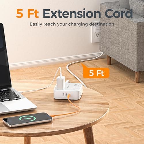 TESSAN Surge Protector Power Strip, 5 Ft Flat Plug Extension Cord with 3 USB (1 USB C) 8 Outlets, 1250W, 900J Protection, 3 Sided Outlet Extender with Power Switch for Office, Dorm Room Essentials 6