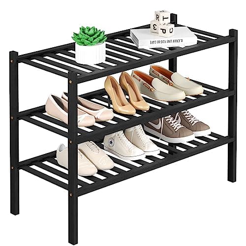 ROMGUAR CRAFT 3 Tier Bamboo Shoe Rack for Closet Free Standing Wood Shoe Shelf Storage Organizer for Entryway Small Space Stackable 27"x11"x20" (Black)