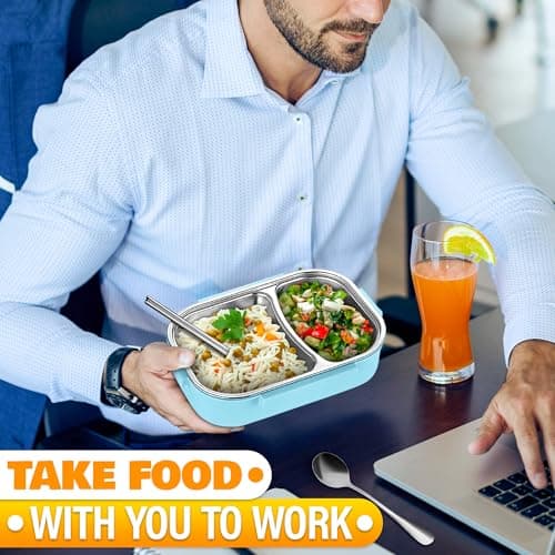 Tiffin Lunch Box – Insulated Lunch Containers with 48.5-Oz Capacity, Stainless Steel & Plastic, 2 Compartments – Insulated Bento Box for Office, Picnic & Daily Meals, Spoon & Chopsticks Included 9