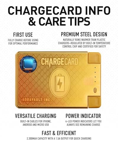 AquaVault ChargeCard – Ultra Slim Emergency Power Bank (2300mAh) – Fits in Wallet – USB-C & Micro-USB – Durable Steel Body – Flight-Safe for iPhone 12-17 & Android - Gold 7