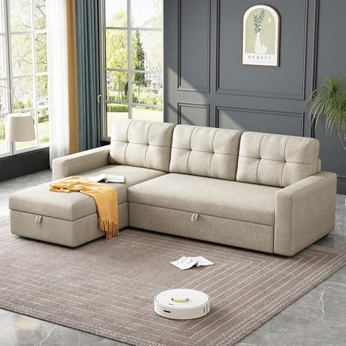 ACQCA 81.5" Sectional Sleeper Sofa with Storage Chaise and Pull-Out Bed,L Shape Convertible Couch with 3 Removable Back Cushions for Living Room,Apartment,Office,Dark Grey