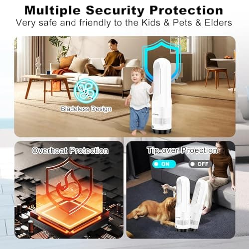 Bladeless Tower Fan for Bedroom, 22Inch 1400W Space Heater & 40W Cooler Fan Combo with Remote, Overheat & Tip-Over Protection, 80° Oscillating, 9H Timer, LED Display for Bedroom, Kitchen, Office 7