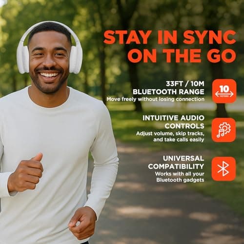 HyperGear Wireless Headphones Bluetooth White- Noise Isolation Headphones Wireless Over The Ear Head Phones, Gym Headset Built-in Mic Controls Square Foam Cups Foldable Headphone for Women and Men 5