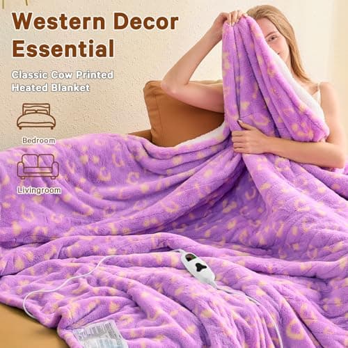 RUJIPO Leopard Print Heated Electric Blanket Twin,62X84 Purple Heating Blanket with 10 Heats Levels & 8 Hours Auto Off,Cute Cheetah Decor Sherpa Blankets Warmer Gifts for Women Couch Office,Washable 5