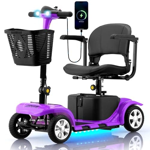 Mobility Scooter for Adults, Senior, 4 Wheels Electric Powered Chargeable Device for Travel, Lightweight Mobility Scooter with LED Headlights and Basket, Charger Included