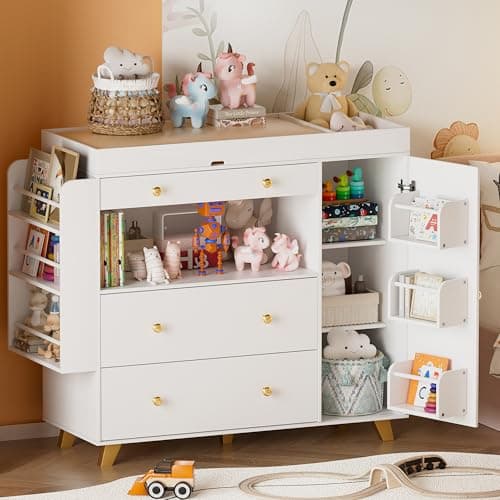 FURNJOYLIFE Nursery Dresser with Baby Changing Table, Modern Diaper Changing Station,Dresser for Nursery with 3 Drawers & Shelves, Storage Crib with Changing Table, White