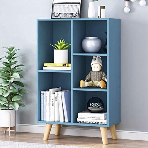 IOTXY Wooden Open Shelf Bookcase - 3-Tier Floor Standing Display Cabinet Rack with Legs, 5 Cubes Bookshelf, Bright Blue