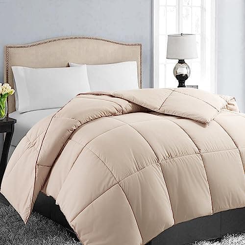 EASELAND Queen Size Down Alternative Comforter - Quilted Duvet Insert for All Seasons, Soft Lightweight with Corner Tabs, Summer Winter Warm Bedding, Beige 88×88 Inches