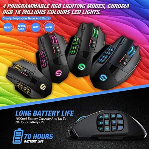UtechSmart Venus Pro RGB Wireless MMO Gaming Mouse, 16,000 DPI Optical Sensor, 2.4 GHz Transmission Technology, Ergonomic Design, 16M Chroma RGB Lighting, 16 programmable Buttons, Up to 70 Hours 6