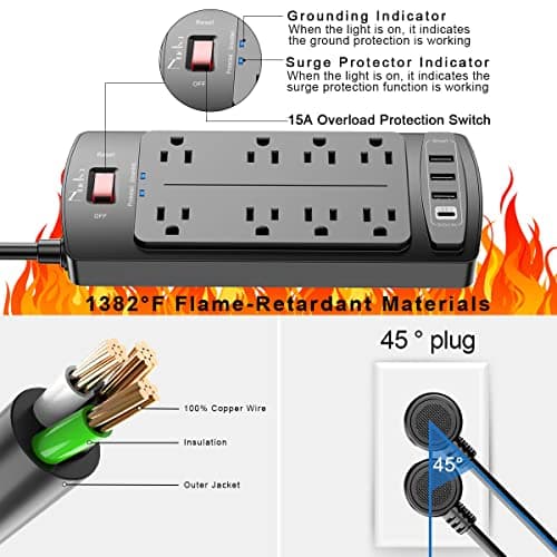 Surge Protector Power Strip - Nuetsa Flat Plug Extension Cord with 8 Outlets and 4 USB Ports, 6 Feet Power Cord (1625W/13A), 2700 Joules, ETL Listed, Black 6