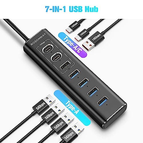 Powered USB Hub, Rosonway 7-Port USB 3.2/USB C Hub with 10Gbps USB-A 3.2, 2 USB-C 3.2, 4 USB 3.0 Ports, Individual Switches and 12V Power Adapter, Aluminum USB Port Expander for Laptop/PC, RSH-A107C 5