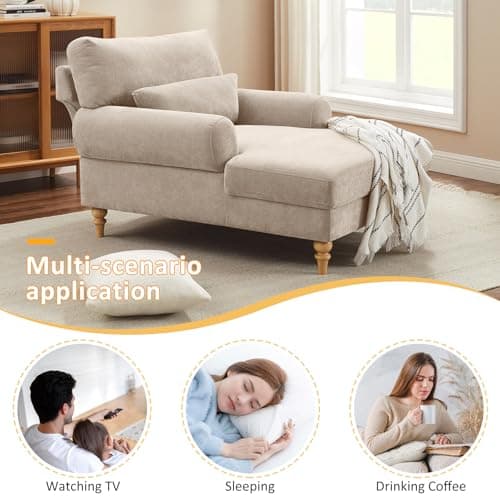 Condemo Modern Chaise Lounge Chair with Adjustable Backrest, Upholstered Indoor Leisure Sofa Recliner, Oversized Accent Chair Deep Seat Reading Armchair for Living Room, Bedroom, Office, Light Khaki 7