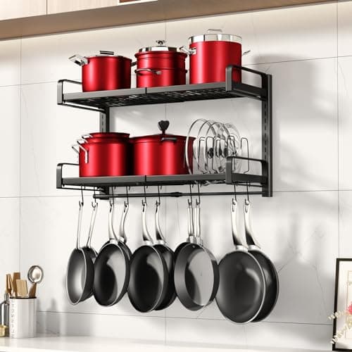 19"- 30" Expandable Hanging Pot Rack, 2 Tier Heavy Duty Wall Mounted Pots and Pans Organizer with 10 Hooks and 5 Pot Lid Holders, Pot Hanger Shelf for Kitchen Cookware Utensils Organizers and Storage