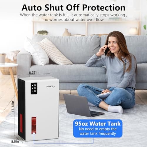 NineSky Dehumidifier, 95 OZ Dehumidifiers for Home,(1100 sq.ft) Dehumidifiers for Basement Bathroom Bedroom with Auto Shut Off, Switchable 7 Colors Light (White) 6