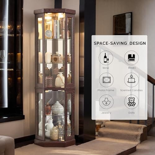 Eyisean 70" Lighted Corner Curio Cabinet, Wood China Display Case with Tempered Glass Doors & Adjustable Shelves, Light Bulb Included, Tall Wine Storage Rack for Bar and Liquor Storage (Dark Cherry) 6