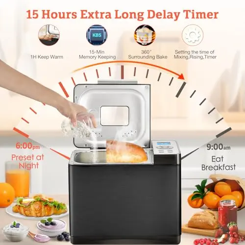 KBS 19-in-1 Programmable Bread Maker,2LB Large Bread Machine Stainless Steel with Sourdough,Gluten-Free,Nonstick Ceramic Pan,650W Bread Maker Machine with 15H Timer&1H Keep Warm,3 Crust Colors,Recipes 6