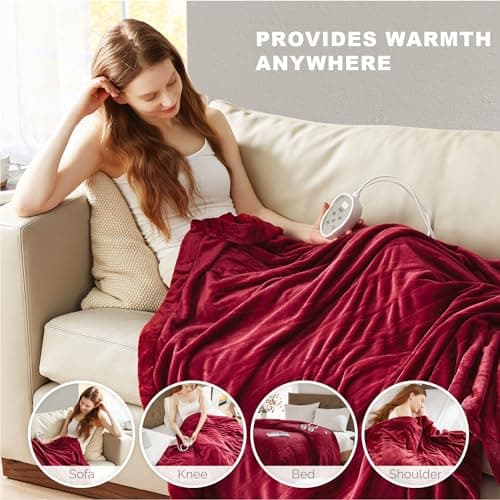 Degrees of Comfort Electric Blanket King Size, Dual Control W/Auto Shut Off, Large Fleece Heated Blanket for Bed, Machine Washable, Red, 100Wx90L 6