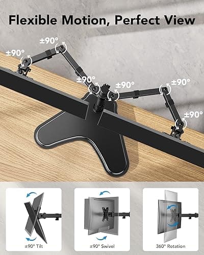 HUANUO 32 inches Dual Monitor Stand up to 17.6lbs per Arm, High-Grade Aluminum Free Standing Dual Monitors Mount for 2 Screens. Fully Adjustable Dual Monitor Stand for Desk with Tilt, Swivel, Rotation 5
