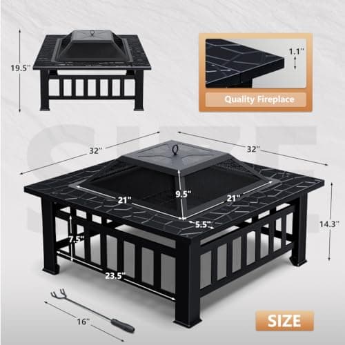 Greesum Multifunctional Patio Fire Pit Table, 32in Square Metal BBQ Firepit Stove Backyard Garden Fireplace with Spark Screen Lid and Rain Cover for Camping, Outdoor Heating, Bonfire and Picnic, Black 7