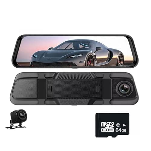 WDHOICAR 10 Inch 2 Lens Mirror Dash Cam Mirror Recorder 2 Channels Dual Dash Cam, 2K 10" Full HD Touch Dual Lens Mirror Recorder Night Free 64GB TF Card