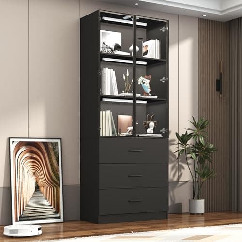 chartustriable 79" Tall Display Cabinet with LED Sensor Light & Pop-up Glass Doors & Drawers, Modern Bookcase Curio Storage Cabinet for Bedroom, Living Room, Office, Black 8
