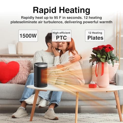 Space Heater, WINHL Small Portable Electric Heaters for Indoor Use with Thermostat and Remote, 70°Oscillation, 12H Timer, 5 Modes, 1500W PTC Ceramic Fast Safety Heat for Office Bedroom Home 6