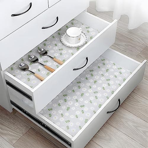 Shelf Liner, Waterproof Refrigerator Liner, Drawer Liners for Kitchen Cabinet, Bathroom Sink Mat No Slip Cupboard Mats Non Adhesive Fridge Liner EVA Place Mats Roll - Leaf Daisy 17.7"×78.7" 7
