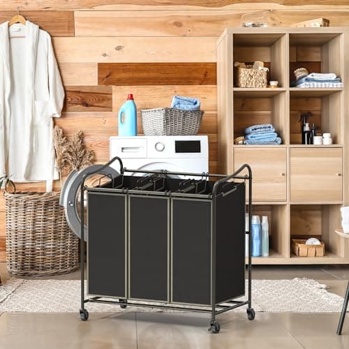 Simple Houseware Heavy Duty 3-Bag Laundry Sorter Rolling Cart, Bronze 5
