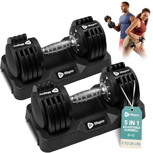 LifePro Adjustable Dumbbell Set – 5-25 lb Dumbbells Set of 2, Quick Change Rotating Hand Weights for Women//Men at Home Gym Weight System - 5-25 Pound, Ideal for Home Strength Training