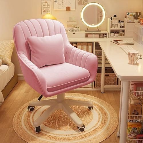 XUEGW Velvet Desk Chair with Pillow Upholstered Vanity Chair for Girls Women, Home Office Computer Task Chair with Wheels Swivel Rolling Accent Chair for Living Room, Bedroom