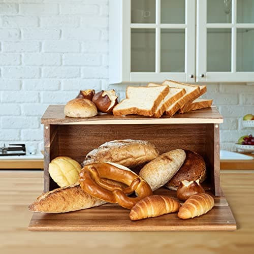 KITEISCAT Acacia Wooden Bread Box, All In One Piece Organizer For Kitchen Countertop, Assembly Free Large Capacity Natural Vintage Bread Food Storage Bin Container15.7 x 10 x 7 Inches 7
