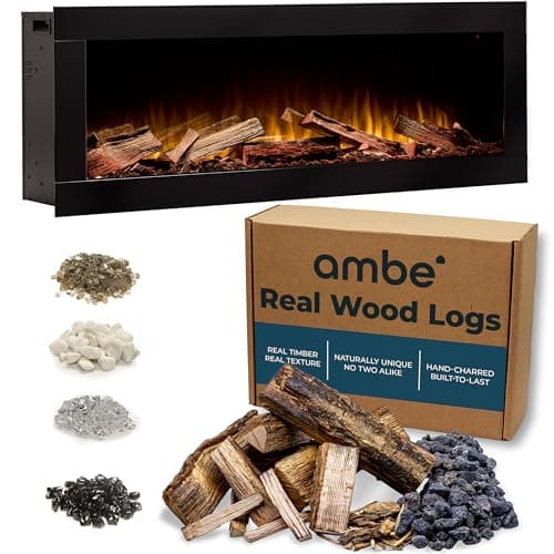 Ambe Linear 50" Electric Fireplace with Real Wood | Hidden Vent Design | Midwest Hardwood Log Set | Recessed or Built-in | Deep Realistic Ember Bed | Fireplace Insert Heater | Trim or Frameless
