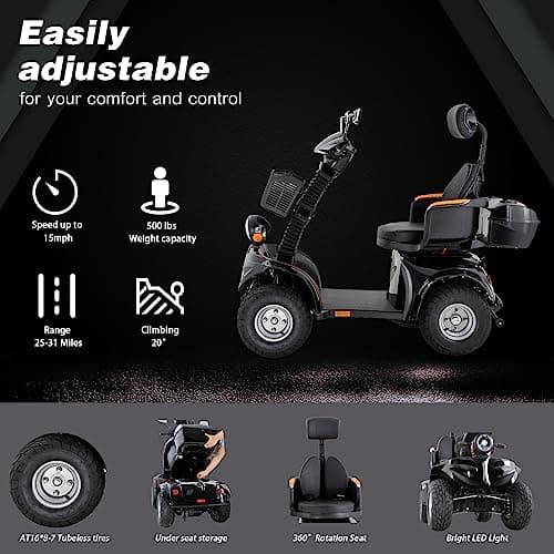 WIILAYOK Heavy Duty 4 Wheels Mobility Scooter, All Terrain Electric Mobility Scooters for Seniors and Adults, 1000W Motor, Fat Tire, Adjustable Handle and Seats, 500lbs Capacity, 31-36 Miles of Range 7