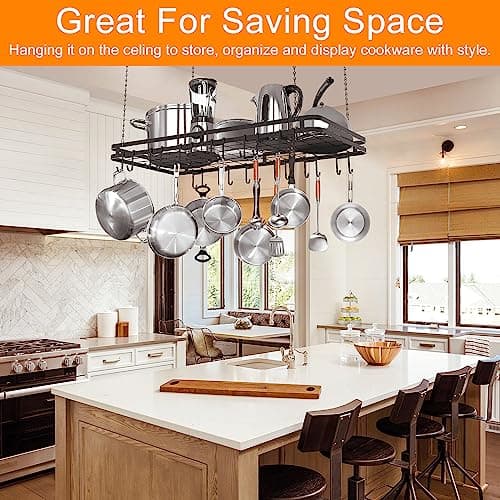 Amtiw 31.5 Inches Ceiling Pot Rack and Pan Rack for Ceiling with 12 Hooks, Storage Rack Multi-Purpose Organizer for Kitchen Organization, Home, Restaurant, Kitchen Cookware 6