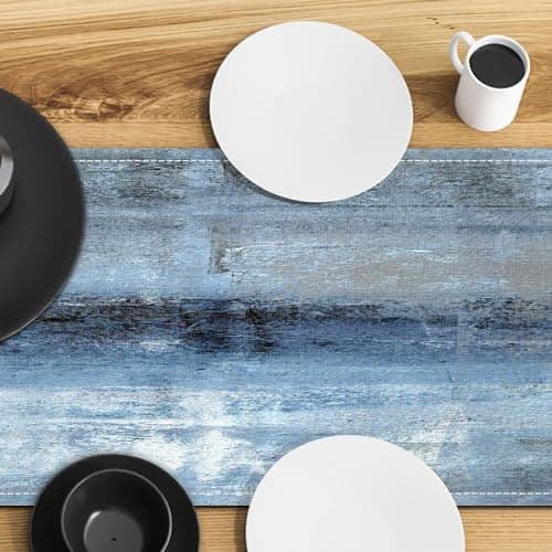 Blue Grey Table Runners Modern Art Farmhouse Linen Table Runners Dresser Scarves Retro Rustic Style for Party Kitchen Dining Table Coffee Holiday Party Decor (Blue Grey, 13"x 71") 5
