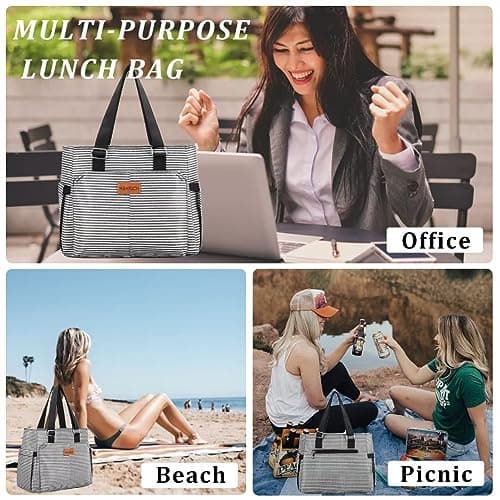 Large Women Lunch Bags/Insulated Adult Lunch Box/Leakproof Cooler Lunch Tote Bag with Storage Pocket. Reusable Lunch Purse for Work Picnic Hiking 12L, Stripe 6