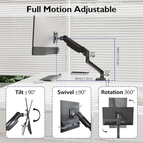 BONTEC Monitor Arm for 13-32 Inch Screens, Ergonomic Gas Spring Single Monitor Mount, Full Motion Desk Stand with Tilt Swivel Rotation, VESA 75x75mm 100x100mm, C Clamp, Grommet Base, Cable Management 5