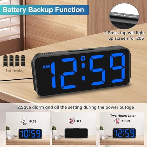 Peakeep Small Digital Alarm Clock Plug in for Bedrooms Bedside, Tiny Electric Clock Large Big Numbers Display with Battery Backup for Desk Table, 6 Dimmers, 5 Adjustable Alarm Volumes (Blue) 5