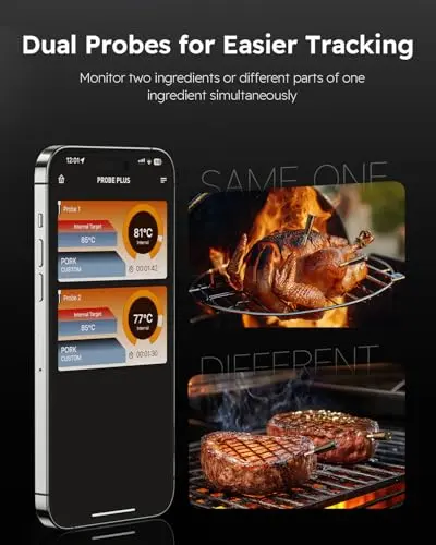 Wireless Meat Thermometer with App Control, 600FT Bluetooth Range, Dual Probes & 6 Sensors, 0.5S Instant Read, LCD Display, IP67 Waterproof Real-Time Monitoring & Smart Alerts for BBQ, Grill, Oven 5