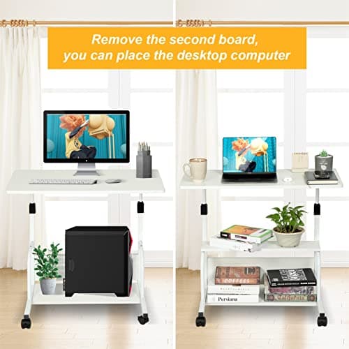 QZMDSM Portable Desk with Wheels Small Standing Desk on Wheels Adjustable Height Rolling Desksfor Home Office Study White 7