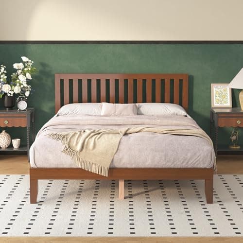 Natulliy Queen Bed Frames,Wood Platforms Bed with Headboard,Wooden Slats Support,No Box Spring Needed,Easy Assembly,Queen,Pine