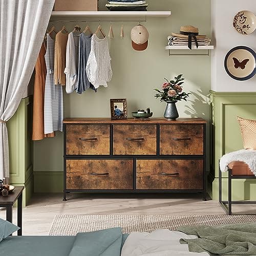 WLIVE Dresser for Bedroom with 5 Drawers, Wide Chest of Drawers, Fabric Dresser, Storage Organizer Unit with Fabric Bins for Closet, Living Room, Hallway, Rustic Brown Wood Grain Print 7