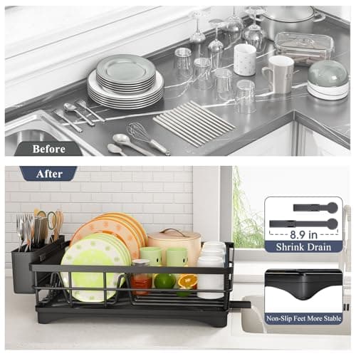 SAYZH Dish Drying Rack - Stainless Steel Dish Rack for Kitchen Counter, Large-Capacity Dish Drainer with Cutlery Holder, Kitchen Organizer for Dishes, Spoons and Forks, Black 6