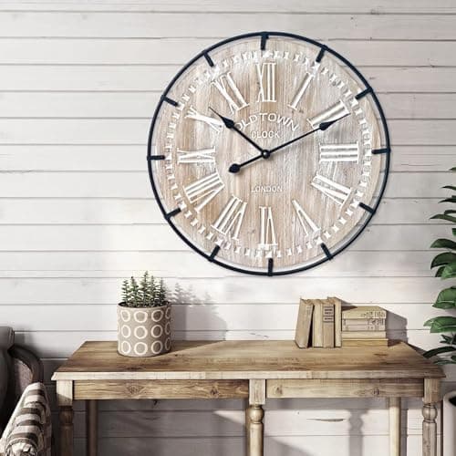 EMAX HOME 24 Inch Large Farmhouse Wall Clock, Rustic Antique Wood with Metal Circle and Large Engraved Numerals, Silent Battery Operated Wall Clock for Office Kitchen Bedroom Living Room 5